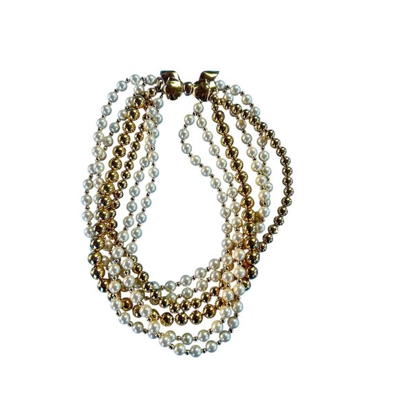 Vintage 80s Carol Lee Multistrand Faux Pearl and Gold Bead Necklace Bow Clasp - Picture 10 of 10